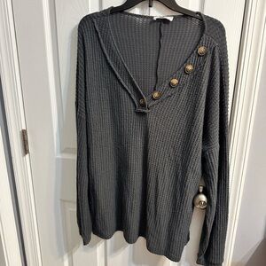 Zenana Gray Button-Detail Waffle Knit Top--Women's XL